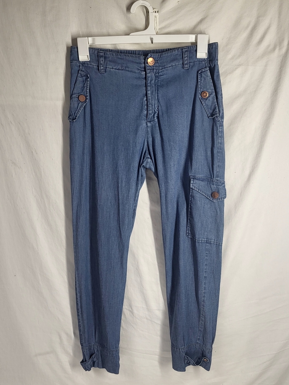 Soft Surroundings Whitley Denim Cargo Pants Sz Small Hi-Rise Elastic Waist Crop
